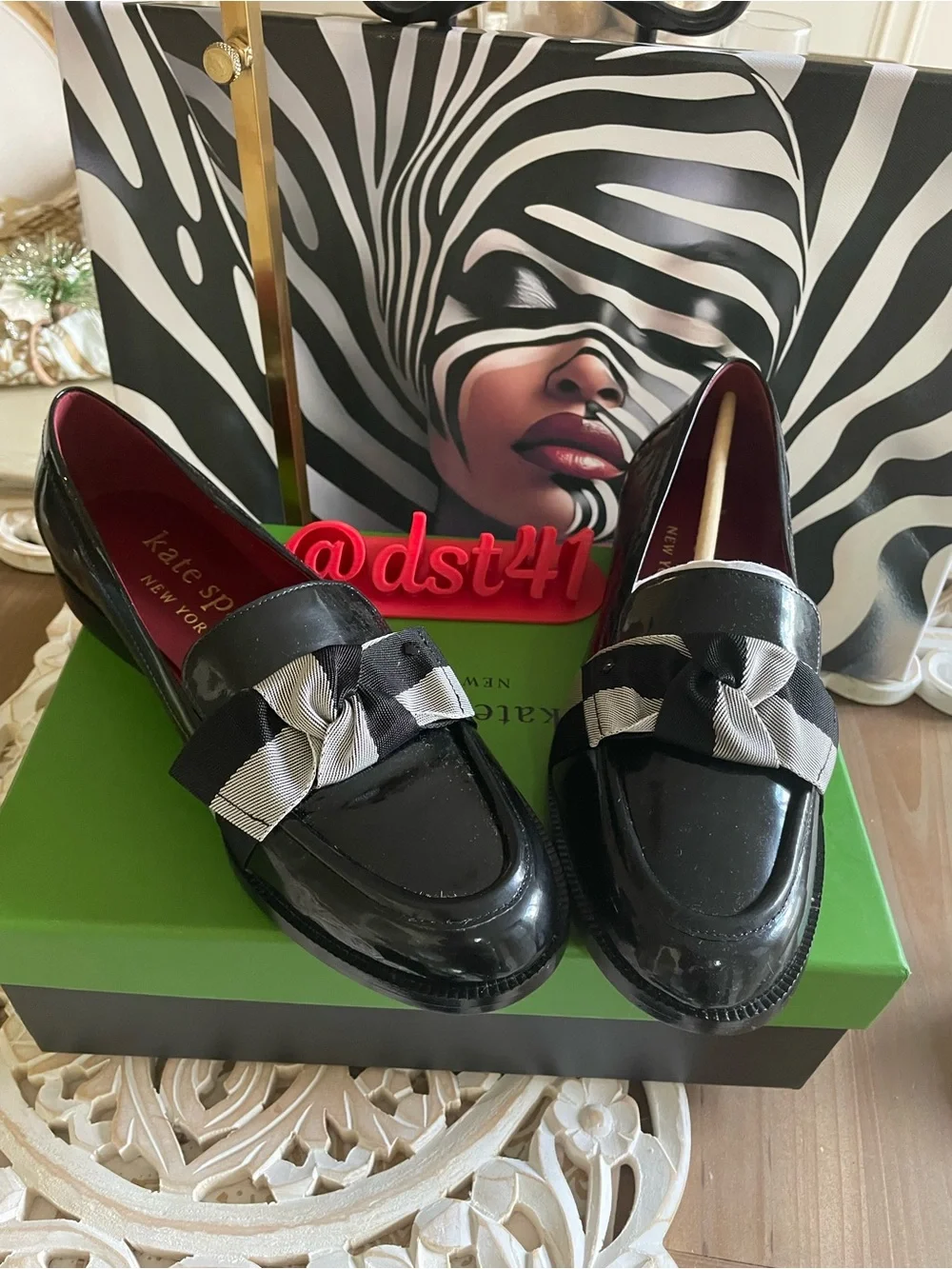 kate spade Black Patent Loafer with Two-Tone Bow Accent